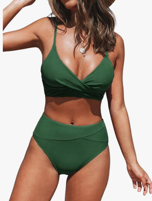 Women's Twist Front High Waisted Bikini Set V Neck Padded Two Pieces Bathing Suits Swimsuits