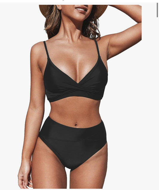 Women's Twist Front High Waisted Bikini Set V Neck Padded Two Pieces Bathing Suits Swimsuits