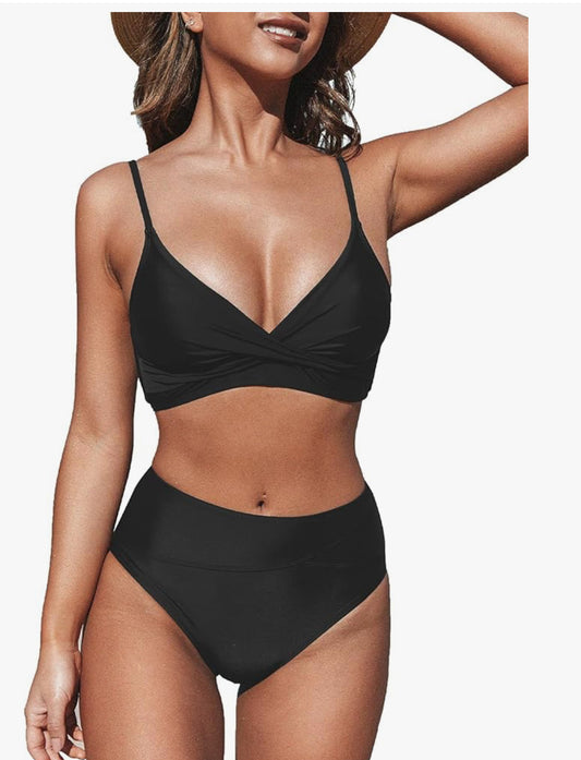 Women's Twist Front High Waisted Bikini Set V Neck Padded Two Pieces Bathing Suits Swimsuits