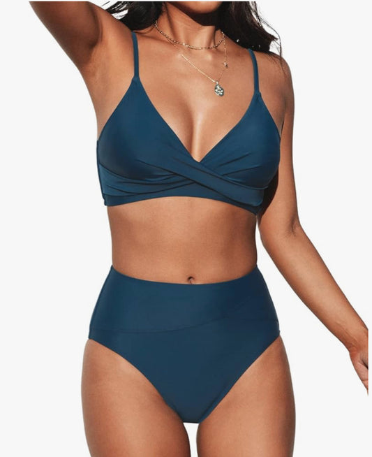 Women's Twist Front High Waisted Bikini Set V Neck Padded Two Pieces Bathing Suits Swimsuit