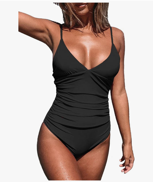 Women Swimsuit One Piece V Neck Tummy Control Ruched Front Low Back Bathing Suit Swimwear