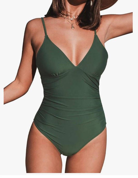 Women Swimsuit One Piece V Neck Tummy Control Ruched Front Low Back Bathing Suit Swimwear