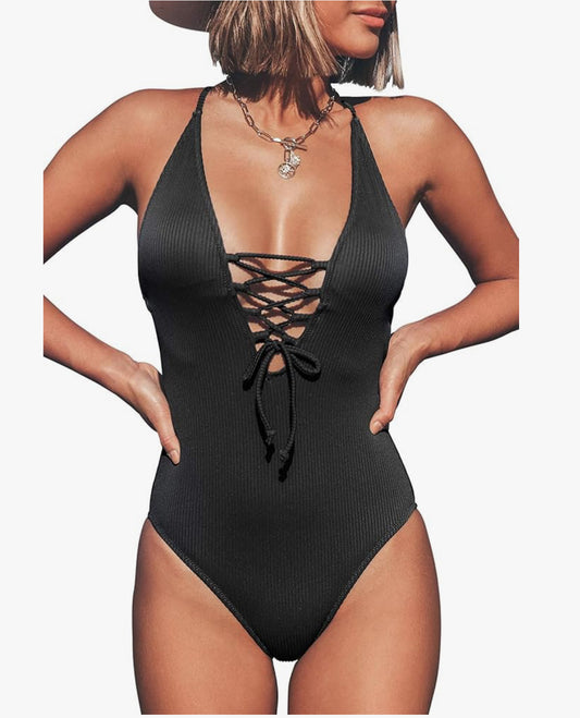 Women's One Piece Swimsuit V Neck Lace Up Beach Swimwear Solid Textured Bathing Suit Swimming Costume
